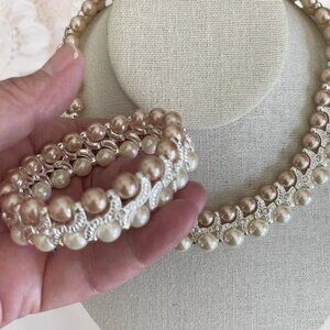 Vintage Retro Shofel Bros Signed SHB Faux Pearl Necklace Bracelet Set